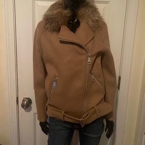 H&M Faux Fur Collar Tan Moto Style Wool Blend Belted Zip Jacket Sz. 4 NWT